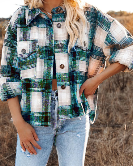 Women Pocketed Plaid Button Down Long Sleeve Shacket