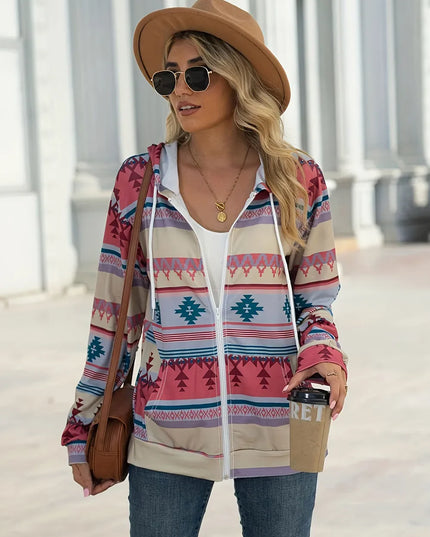 Geometric Zip Up Long Sleeve Hooded Jacket