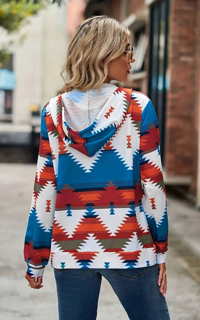 Geometric Zip Up Long Sleeve Hooded Jacket