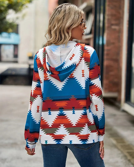 Geometric Zip Up Long Sleeve Hooded Jacket