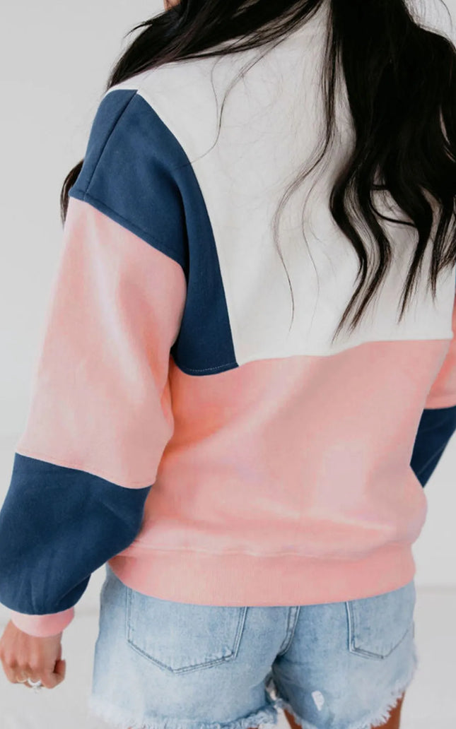 Colorblock Patchwork Half Button Baggy Sweatshirt