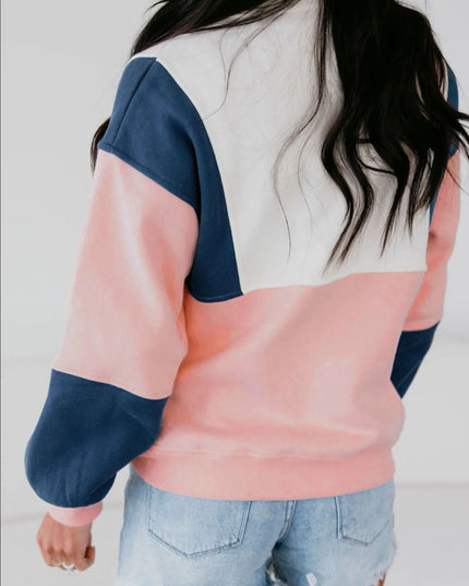 Colorblock Patchwork Half Button Baggy Sweatshirt