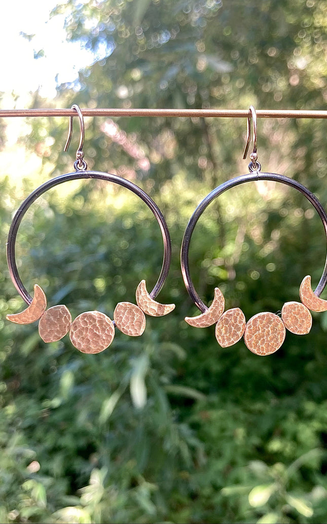 Moon Phase Hoop Earrings in Oxidized Sterling Silver and Brass