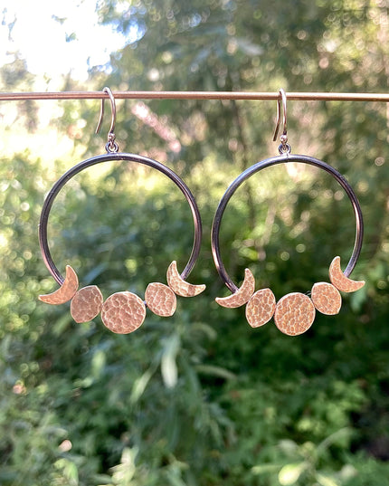 Moon Phase Hoop Earrings in Oxidized Sterling Silver and Brass