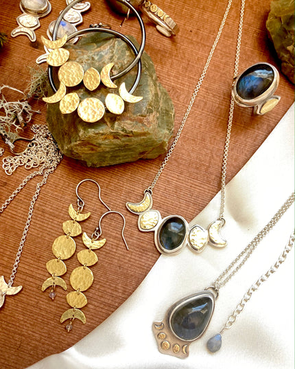 Moon Phase Hoop Earrings in Oxidized Sterling Silver and Brass