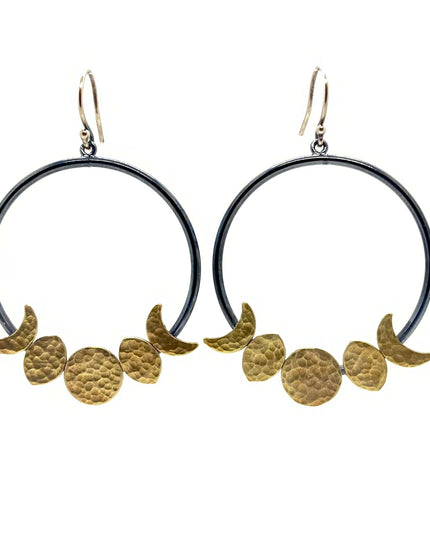 Moon Phase Hoop Earrings in Oxidized Sterling Silver and Brass