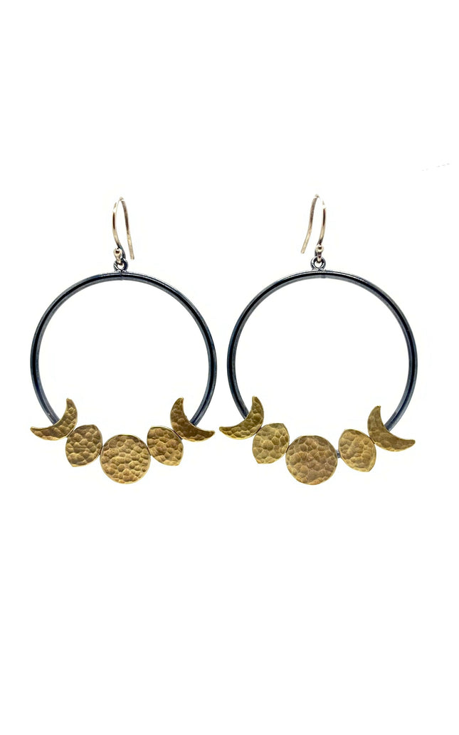 Moon Phase Hoop Earrings in Oxidized Sterling Silver and Brass