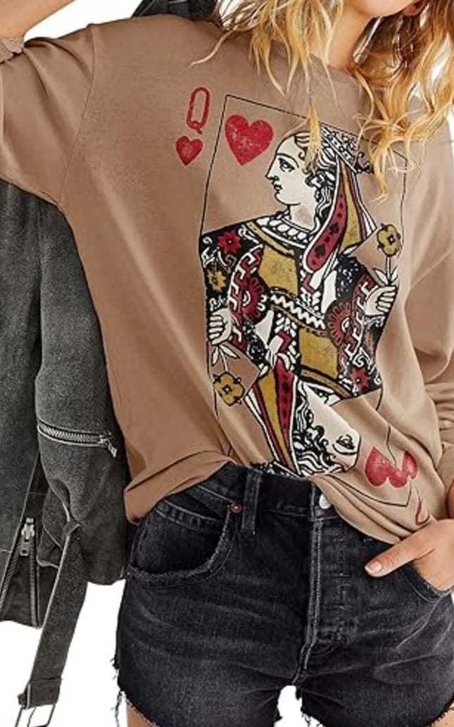 Queen of Hearts Playing Card Graphic Round Neck Sweatshirt