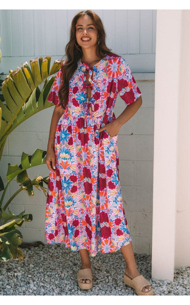 Hannah Floral Tied Front High Waist Long Dress