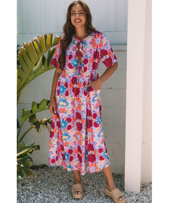 Hannah Floral Tied Front High Waist Long Dress