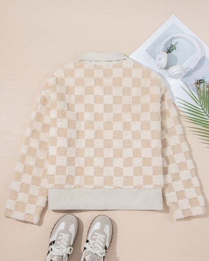 Checker Sherpa Corduroy Patchwork Zip-Up Jacket