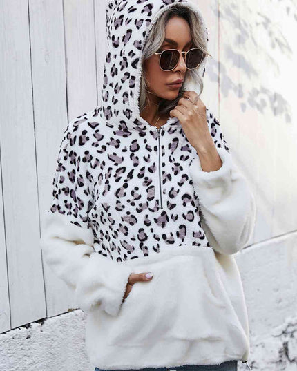 Women Leopard Half-Zip Dropped Shoulder Hoodie