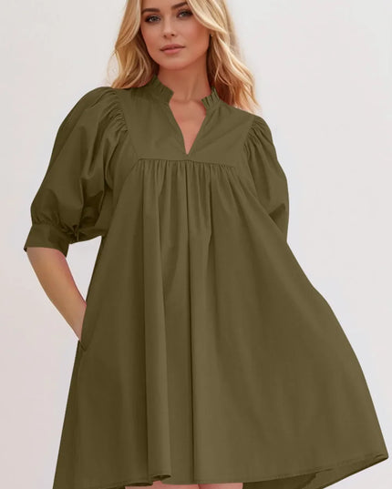 Oh Frill Notched Puff Sleeve Babydoll Mini Dress