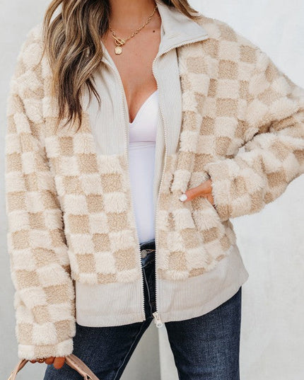 Checker Sherpa Corduroy Patchwork Zip-Up Jacket