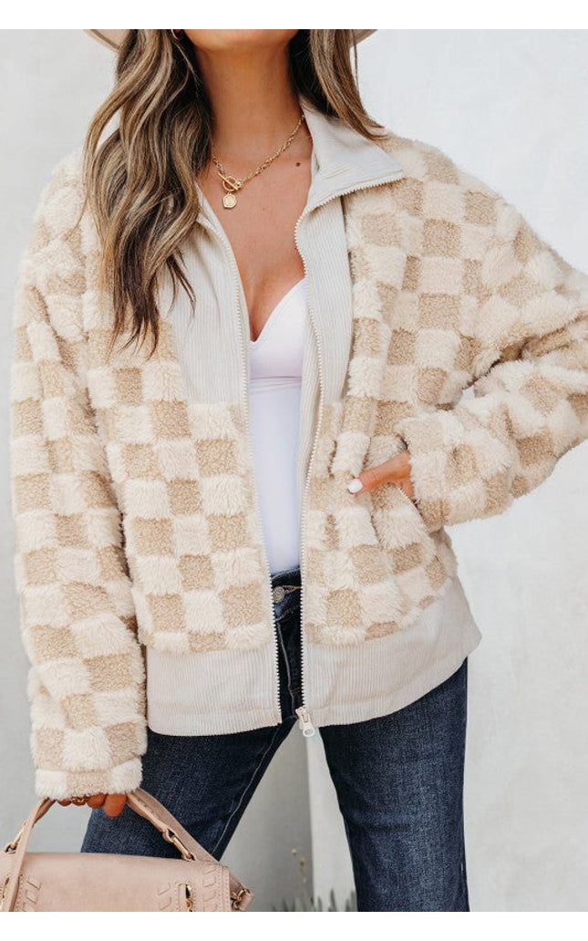 Checker Sherpa Corduroy Patchwork Zip-Up Jacket