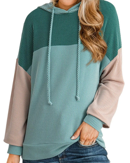 Women Drawstring Color Block Long Sleeve Hoodie