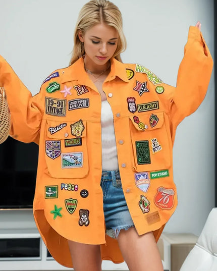 Embroidered Patch Button Up Long Sleeve Denim Jacket