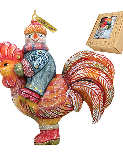 Snowman Riding Rooster Sculpted Hand-Painted Christmas Ornament by G. DeBrekht - Christmas Santa Snowman Decor - 63134