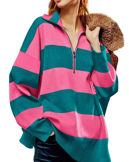 Striped Half-Zip Oversized Sweatshirt