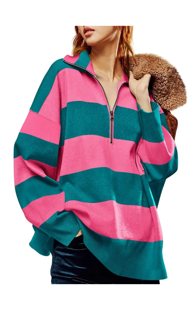 Striped Half-Zip Oversized Sweatshirt
