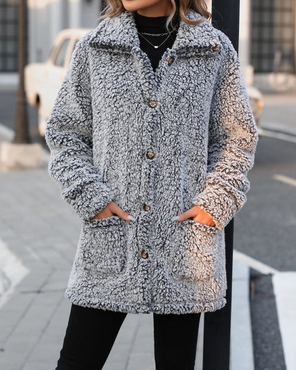 Women Pocketed Collared Neck Long Sleeve Plush Jacket