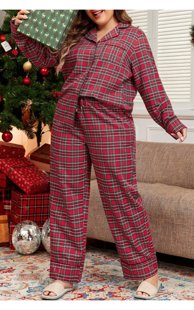 Plus Size Christmas Plaid Shirt and Pants Set