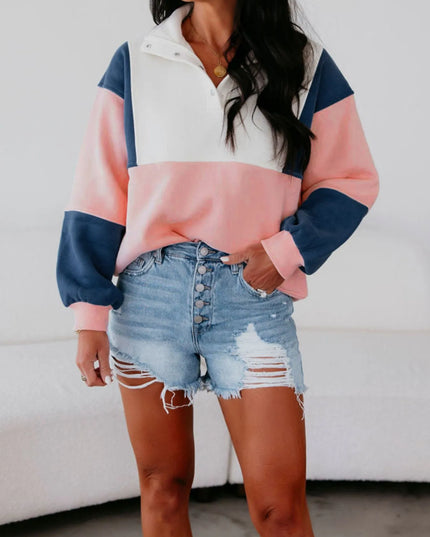 Colorblock Patchwork Half Button Baggy Sweatshirt