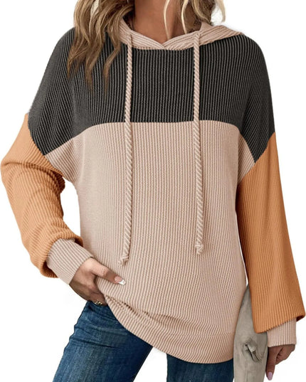 Women Drawstring Color Block Long Sleeve Hoodie
