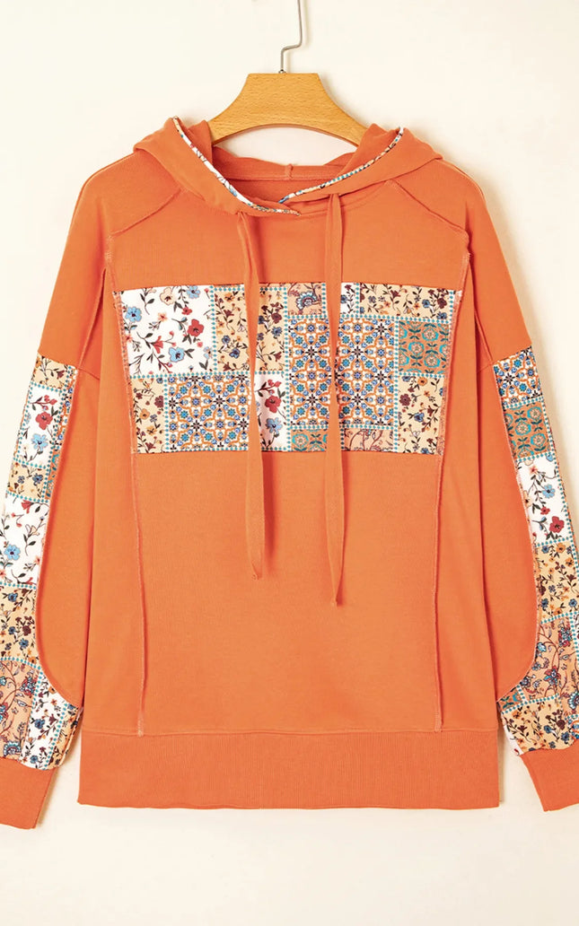 Floral Patchwork Hoodie with Drawstring