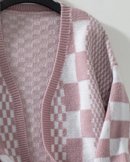 Double Take Checkered Open Front Dropped Shoulder Cardigan