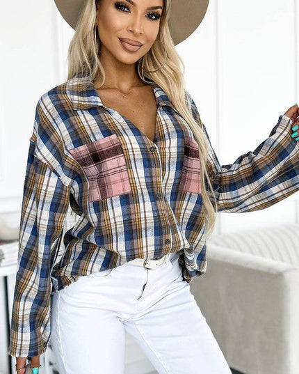 Women Plaid Pattern Asymmetric Buttons Shirt