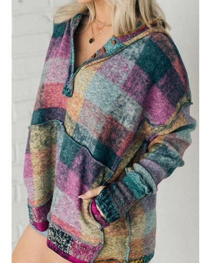 Women Multicolor Brushed Plaid Buttoned Pullover Oversized Hoodie