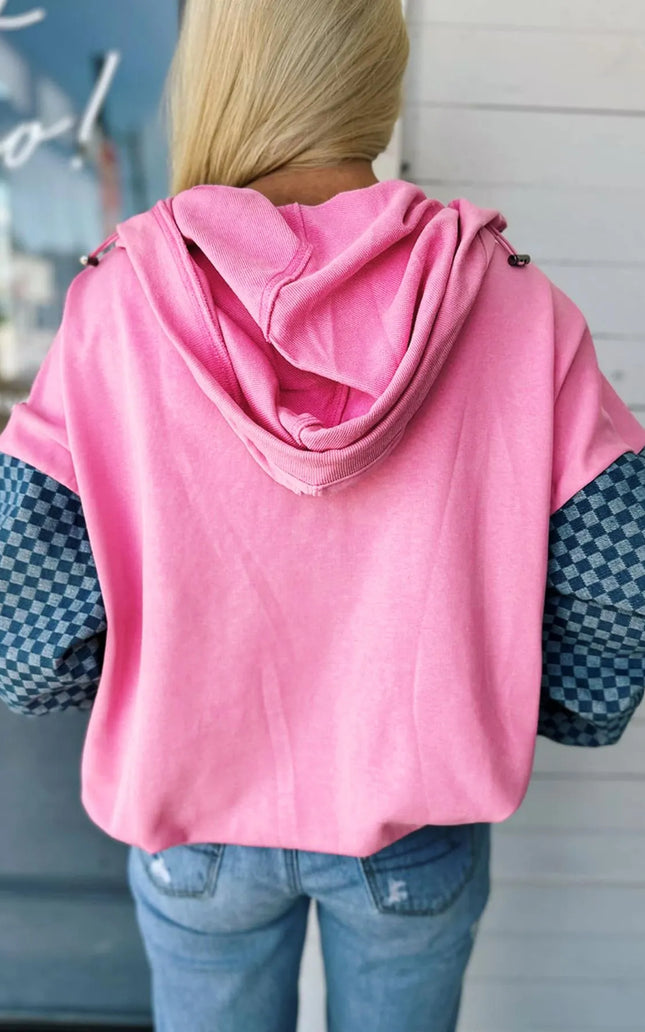 Half Zip Checkered Sleeve Hoodie