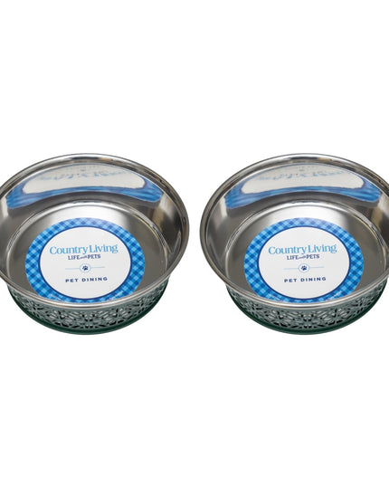 Country Living Set of 2 Stainless Steel Dog Bowls – Farmhouse Style, Ideal for Small to Medium Dogs
