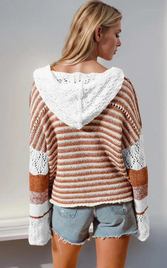 Women Double Take Full Size Openwork Contrast Long Sleeve Hooded Sweater