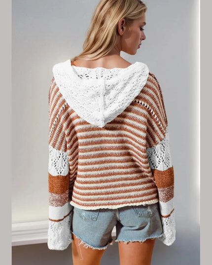 Women Double Take Full Size Openwork Contrast Long Sleeve Hooded Sweater