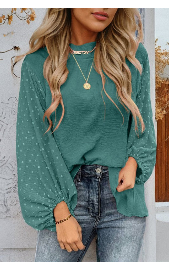 Solid Swiss Dot Balloon Sleeve Blouse