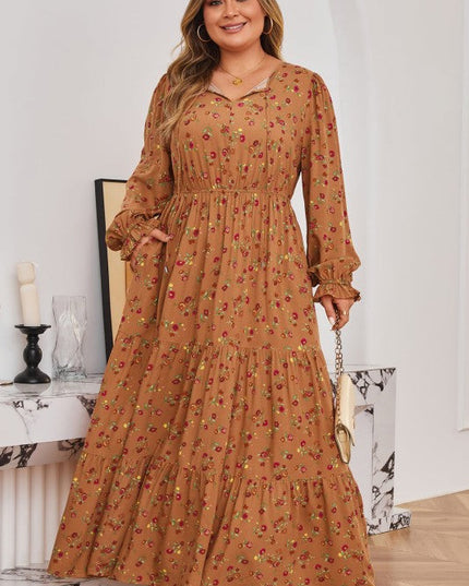 Plus Size Floral V-Neck Ruffle Sleeve Tiered Dress