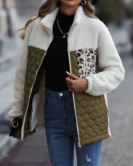 Women Leopard Color Block Zip-Up Jacket