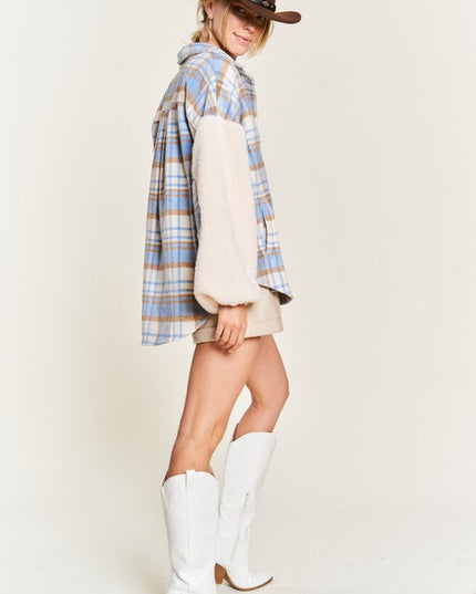 Multi plaid fuzzy sleeve jacket JJO1023