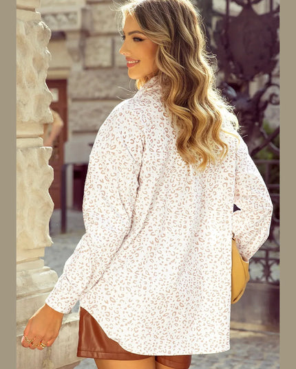 Leopard Collared Neck Dropped Shoulder Jacket