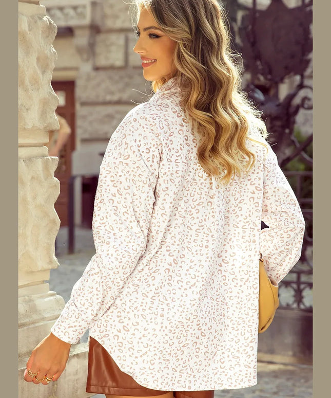 Leopard Collared Neck Dropped Shoulder Jacket