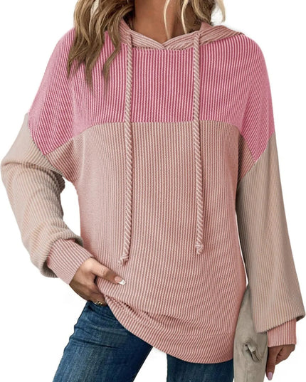 Women Drawstring Color Block Long Sleeve Hoodie