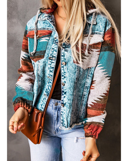 Women Drawstring Hooded Pocketed Denim Jacket