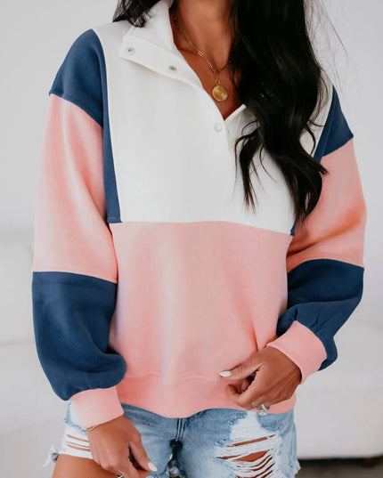 Colorblock Patchwork Half Button Baggy Sweatshirt