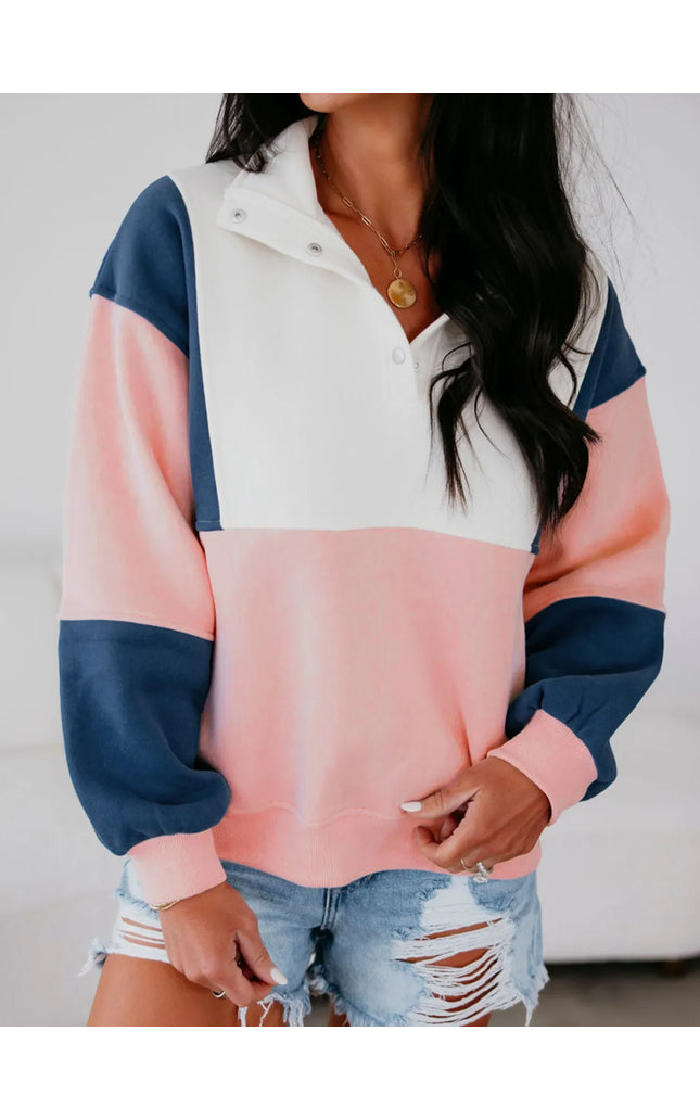 Colorblock Patchwork Half Button Baggy Sweatshirt