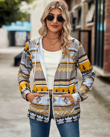 Geometric Zip Up Long Sleeve Hooded Jacket