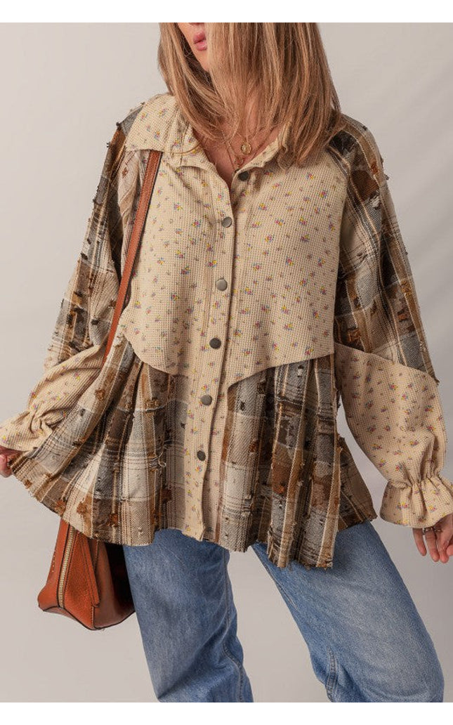 Boho Floral Plaid Patchwork Ruffle Sleeve Waffle Shacket