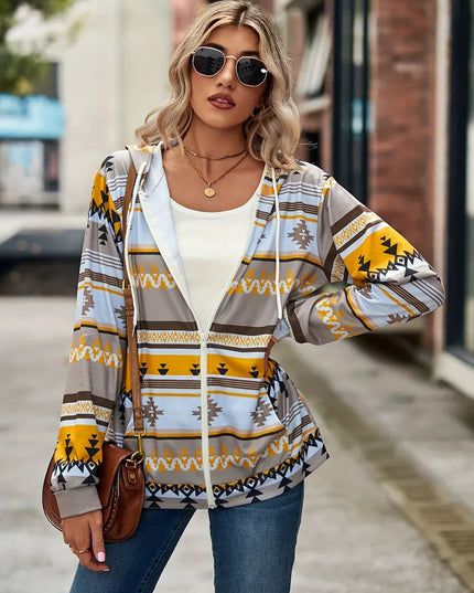 Geometric Zip Up Long Sleeve Hooded Jacket