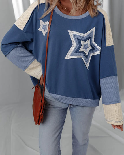 Contrast Knitted Colorblock Star Patchwork Oversize Long Sleeve Top